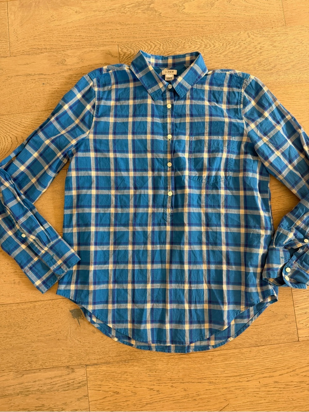 J.Crew Factory Women S Plaid Gauze Boy Fit Popover Shirt Blue White